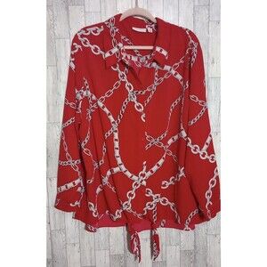 Susan Graver Blouse Red Chain Print Long Sleeve Tie Waist Women’s Size 24W
